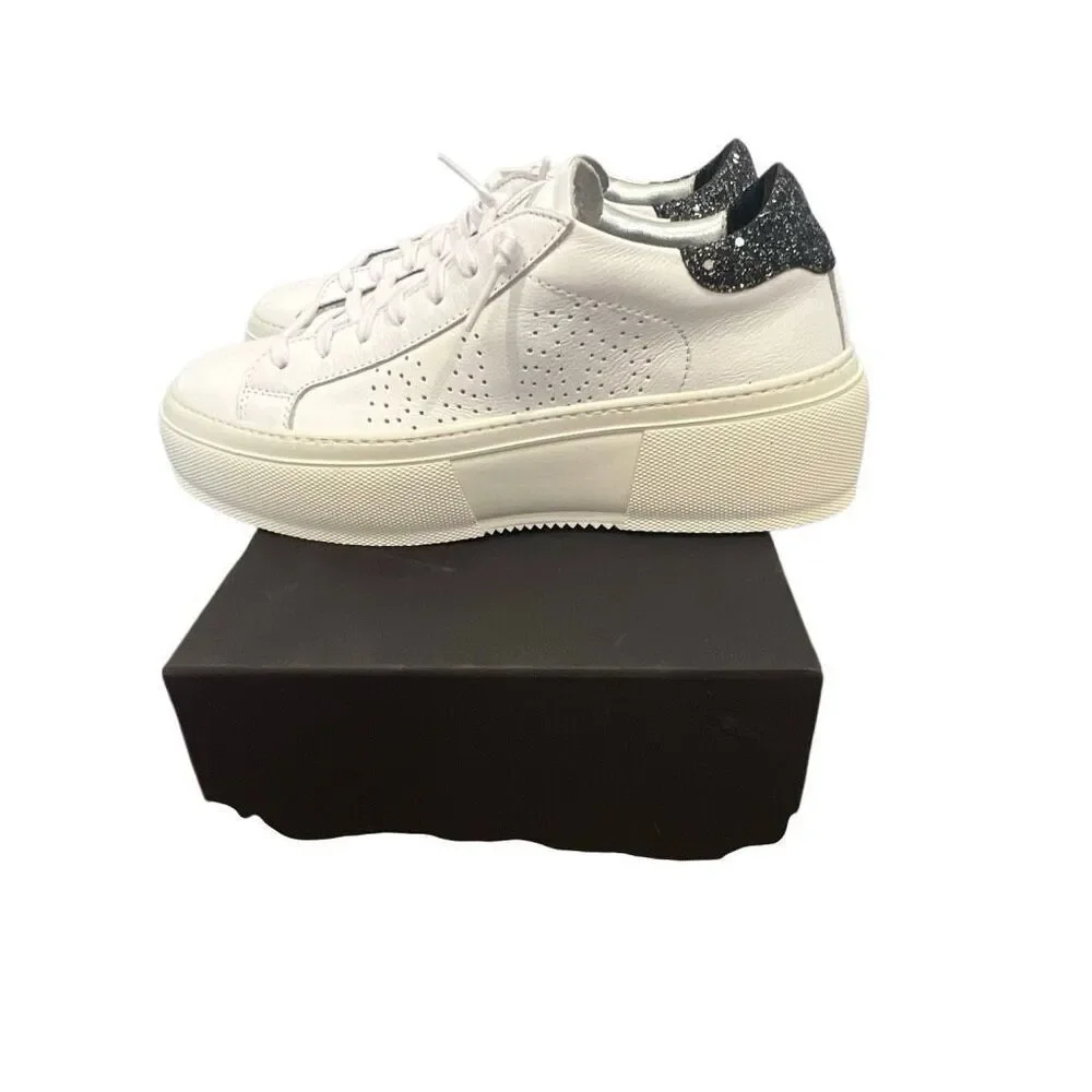 P448 Women’s Leather White Sneakers with black glitter Sz.39 Italy New